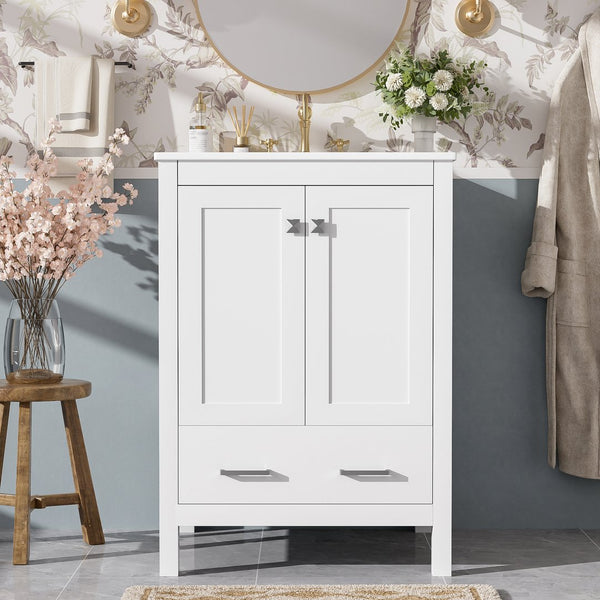 English Elm 24-inch Modern Bathroom Vanity with Ceramic Sink, Soft-Close Doors, Drawer Divider & Ample Storage White N729P299440K