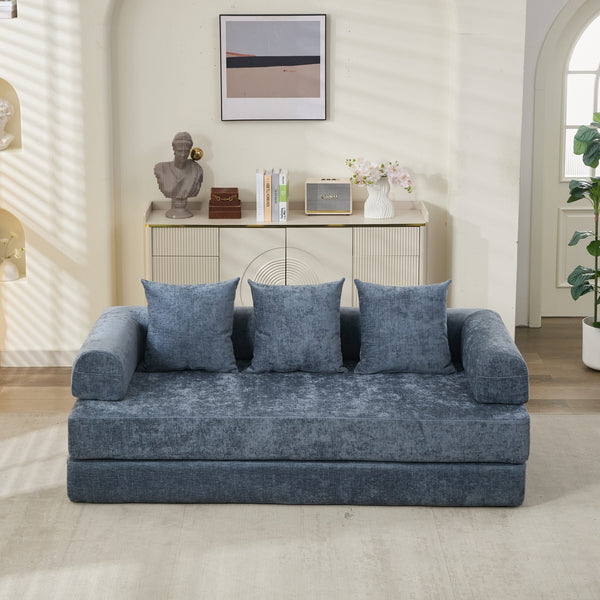 English Elm Comfy Chenille Convertible Folding Mattress Couch Sofa Bed with Armrest, Space-Saving, No Assembly Needed Blue W1143P330252