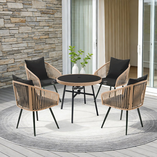 English Elm 5-piece Outdoor Wicker Dining Set with Round Glass Table and Cushioned Rattan Chairs Black T5880S00010