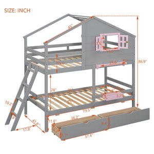 English Elm Twin Playhouse Bunk Bed Pinewood Frame with Pitched Roof Window Shelf and Storage Drawers Gray LT001608AAE-1