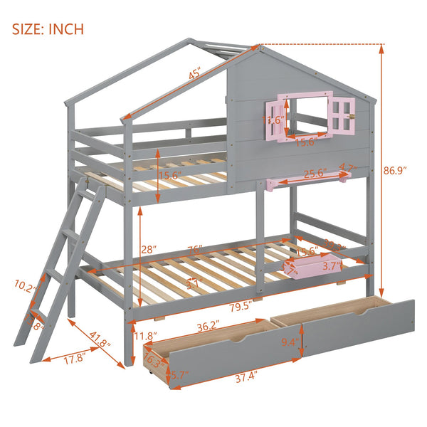 English Elm Twin Playhouse Bunk Bed Pinewood Frame with Pitched Roof Window Shelf and Storage Drawers Gray LT001608AAE-1