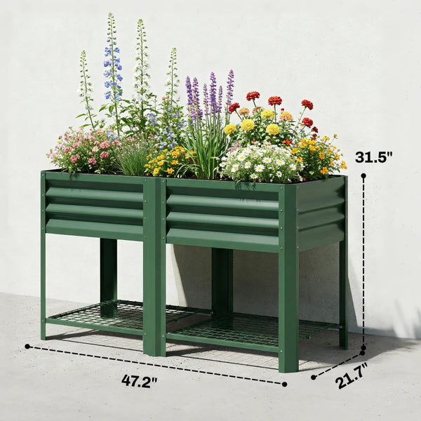 English Elm Planter Box Galvanized Steel Raised Garden Bed with Bottom Shelf for Patio Use T3971P475725