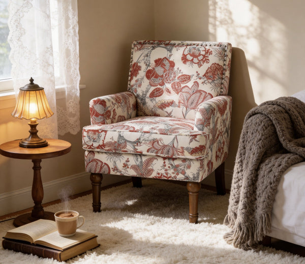 English Elm Accent Slipper Chair Botanical Tapestry Upholstery Nailhead Trim Solid Wood Legs Farmhouse Red W5568P445702