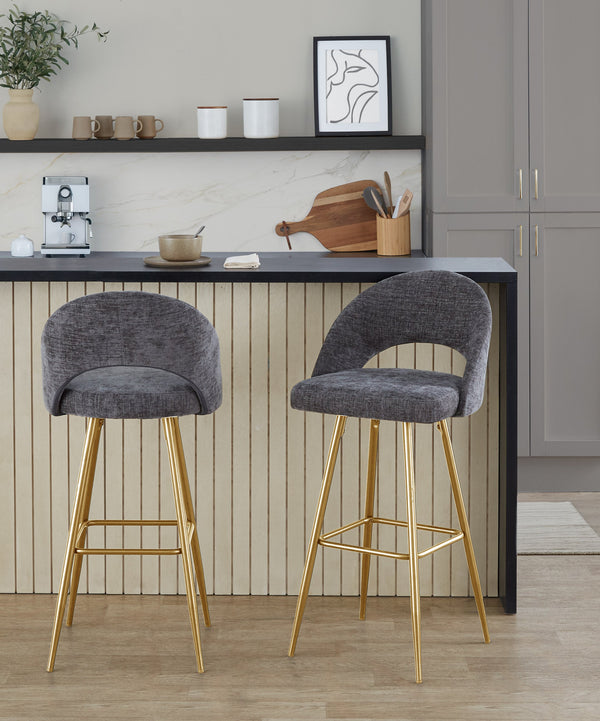 English Elm Fixed-height Metal Frame Barstools with Upholstered Seats and Geometric Footrest Set of 2 Gold,Grey B202S01935