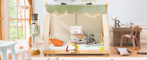 English Elm Twin Cabin Bed with Detachable Tent Skylight and Woodland Deer Antler Accents White N708P356716K