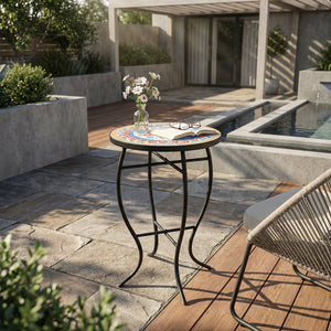 English Elm Outdoor Mosaic Ceramic Tile Round Side Table with Curved Wrought Iron Patio Accent Red+Black N773P365597R