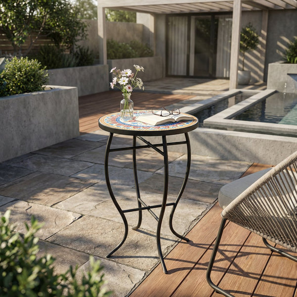 English Elm Outdoor Mosaic Ceramic Tile Round Side Table with Curved Wrought Iron Patio Accent Red+Black N773P365597R