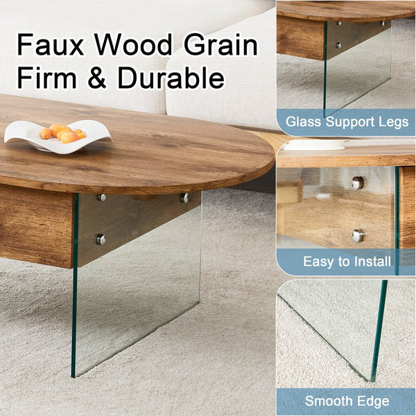 English Elm Coffee modern wood coffee table with double drawers, tempered glass sides, sleek storage & easy assembly W1151P191785