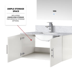English Elm Glossy White Bath Vanity With Carrara Marble Top, Led Mirror & Faucet Set - Modern Style Upgrade B2731S01315