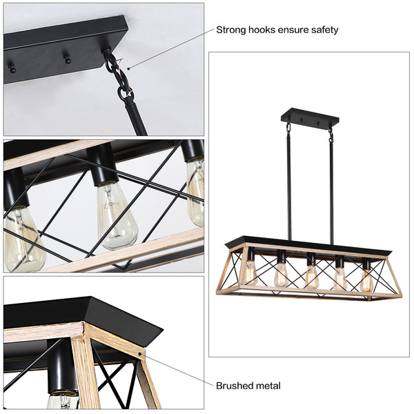 English Elm 32" Oak Industrial 5-Light Pendant Chandelier Rustic Metal Cage, Height Adjustable, E26 Compatible, UL Listed W2312P368671