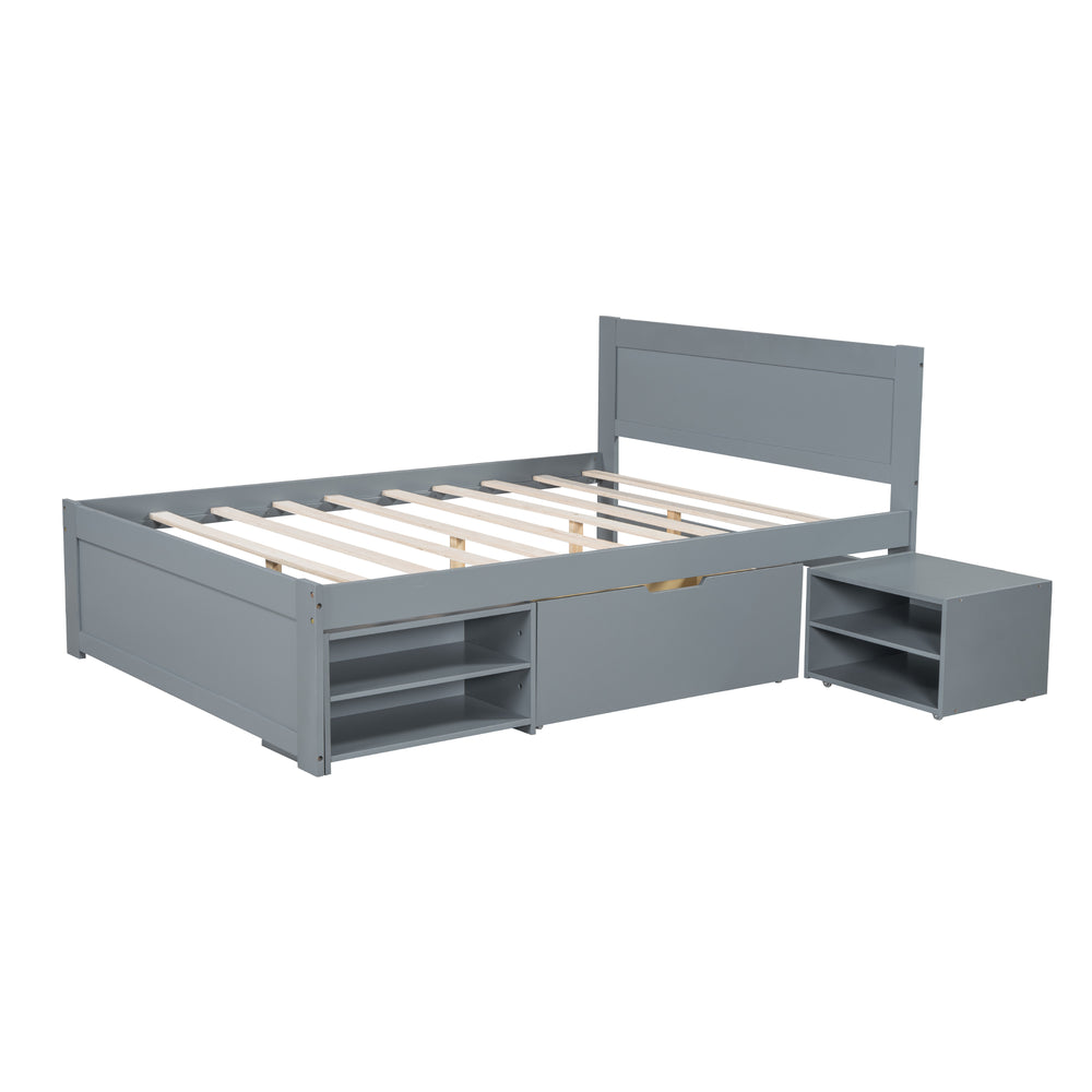 English Elm Full Size Platform Bed with Storage Drawers & Shelves, Gray MDF Construction, 400lb Capacity, Sturdy Design N709P214183E