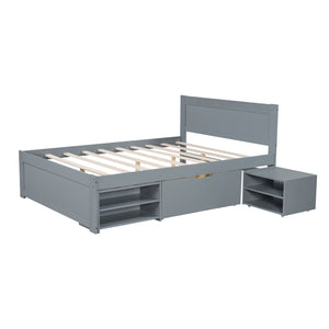 English Elm Full Size Platform Bed with Storage Drawers & Shelves, Gray MDF Construction, 400lb Capacity, Sturdy Design N709P214183E