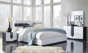English Elm VIOS ZEBRA WHITE KING BED with Zebrano Accent, Low-Profile Contemporary Solid Wood Frame, Gloss Finish White+Black 84.45 L x 4.92 W x 47.83 H B201S00034