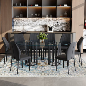 English Elm Table Set Oval Tempered Glass 71 Inch Top with Eight Faux Suede Chairs Modern Dining Black,Transparent W1151S04756