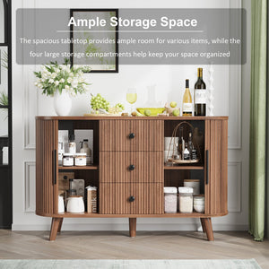 English Elm Sideboard Fluted Credenza with Three Drawers Two Doors Matte Black Modern Storage Walnut T3773P417317