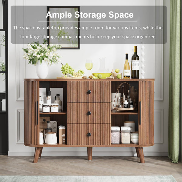 English Elm Sideboard Fluted Credenza with Three Drawers Two Doors Matte Black Modern Storage Walnut T3773P417317