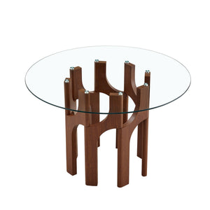 English Elm Round Tempered Glass Dining Table Sculptural Geometric Mdf Base Seats Four Compact Walnut W3875P387156