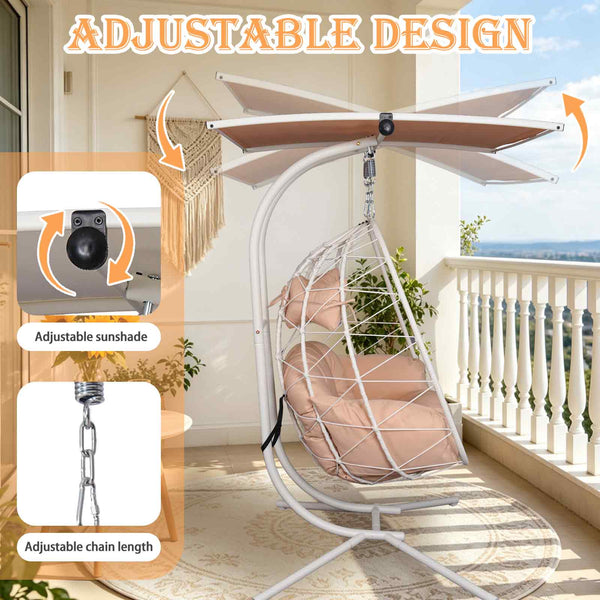 English Elm 2-person Wicker Egg Hanging Chair with Canopy Steel Stand Outdoor Patio Swing T5880P502246