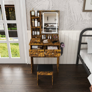 English Elm Modern Vanity Desk with Led Mirror 3 Drawers Built-in Outlet and Matching Chair Antique Brown W509P465834