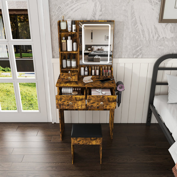 English Elm Modern Vanity Desk with Led Mirror 3 Drawers Built-in Outlet and Matching Chair Antique Brown W509P465834
