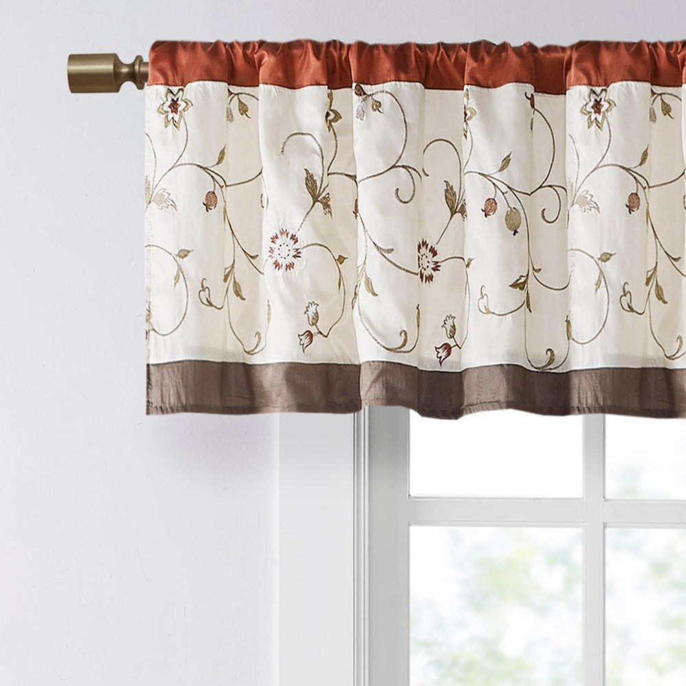 JLA Home Madison Park - Embroidered Valance with Rust Floral Elegance, Lined Pleated Design for Soft Light Control & Style MP41-5471