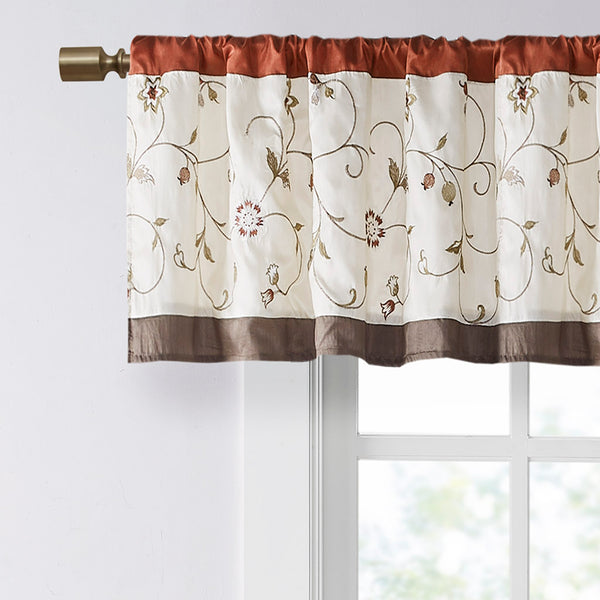 JLA Home Madison Park - Embroidered Valance with Rust Floral Elegance, Lined Pleated Design for Soft Light Control & Style MP41-5471