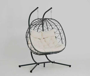English Elm 2 Person Wicker Hanging Egg Chair with Freestanding Stand Outdoor Patio Swing Seat Beige W1703P443731