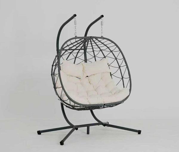 English Elm 2 Person Wicker Hanging Egg Chair with Freestanding Stand Outdoor Patio Swing Seat Beige W1703P443731