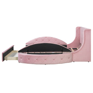 English Elm Upholstered Queen Platform Bed Velvet Wingback Frame with Storage Drawer and Side Stools Pink LP200815AAH