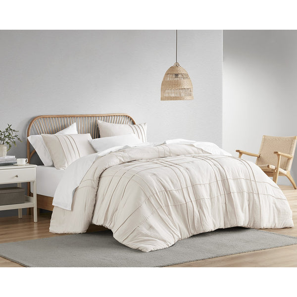 JLA Home Comfort Spaces - Soft Pinch-Pleat Microfiber Comforter Set with Subtle Grid Texture, Year-Round Lightweight Warmth Neutral AM10-0005
