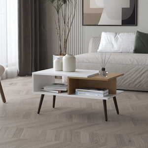 English Elm White Modern Coffee Table With Open Shelves & Tapered Legs – Stylish Oak Finish For Your Living Room B062P290220-GIGA