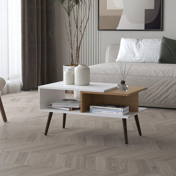 English Elm White Modern Coffee Table With Open Shelves & Tapered Legs – Stylish Oak Finish For Your Living Room B062P290220-GIGA