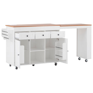 English Elm K&k Rolling Kitchen Island with Extendable Table Open Shelving and Built-in Power Outlet White N707P360278W