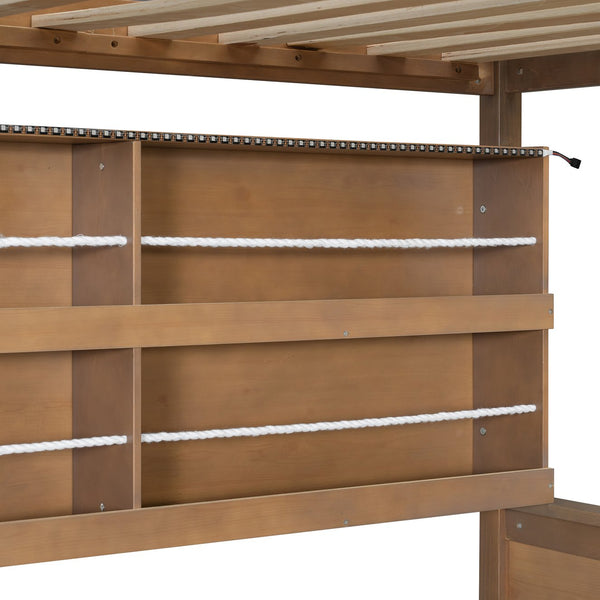 English Elm Twin Xl Over Queen Bunk Bed with Led Lighting Shelving and Pegboard Pinewood Frame Brown LT000280AAP