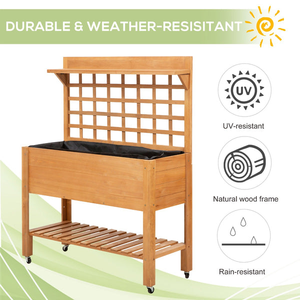 English Elm Elevated Solid Wood Outdoor Planter with Trellis Shelves and Rolling Caster Wheels T3971P387771