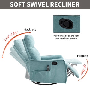 English Elm Heat Massage Rocker Swivel Recliner Fabric Chair with Lumbar Therapy for Living Room Antique Blue Green W1803P362302