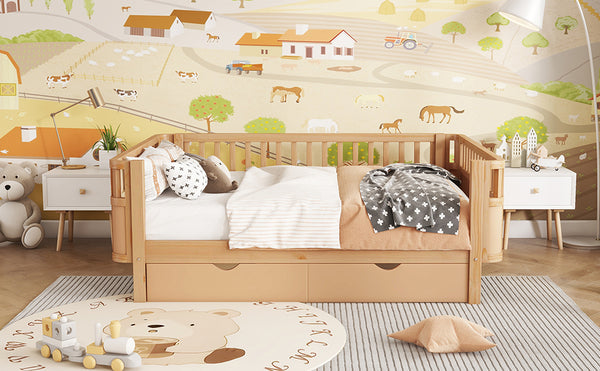 English Elm Full Solid Wood Kids Platform Bed with Guardrail, Low-Profile Durable Pine & MDF, 350LB Capacity Natural 69.69 L x 18.5 W x 8.66 H W2593P331687
