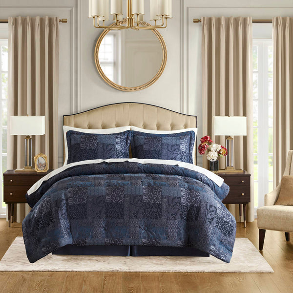 English Elm 4 King Comforter Set Elegant Chenille Jacquard Bedding with Plush 8oz Fill, Matching Shams & Bedskirt Navy 23.62 L x 20.47 W x 14.96 H B035P366517