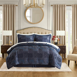 English Elm 4 Cal King Comforter Set - Luxurious Chenille Jacquard Bedding with Cozy 8oz Fill, Decorative Shams & Bedskirt Navy 23.62 L x 20.47 W x 14.96 H B035P366518
