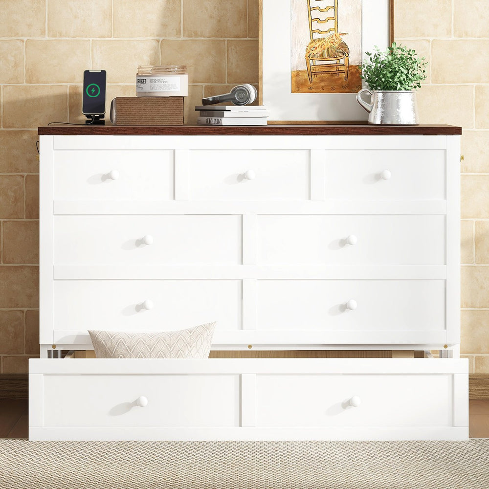 English Elm Murphy Cabinet Bed Full Pine Frame Built in Charging Station Drawer Studio Guest Room W504S00192