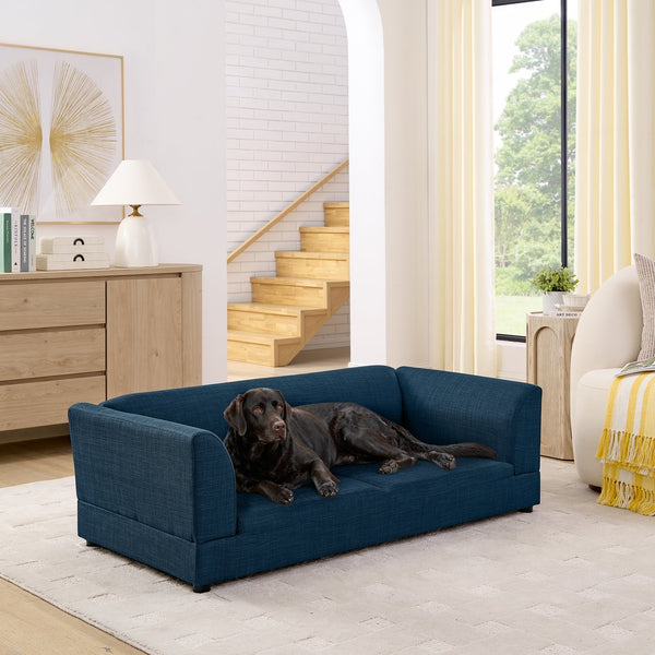 English Elm Comfortable Linen Upholstered Pet Sofa with Backrest and Armrests for Large Dogs Dark Blue W487P430319