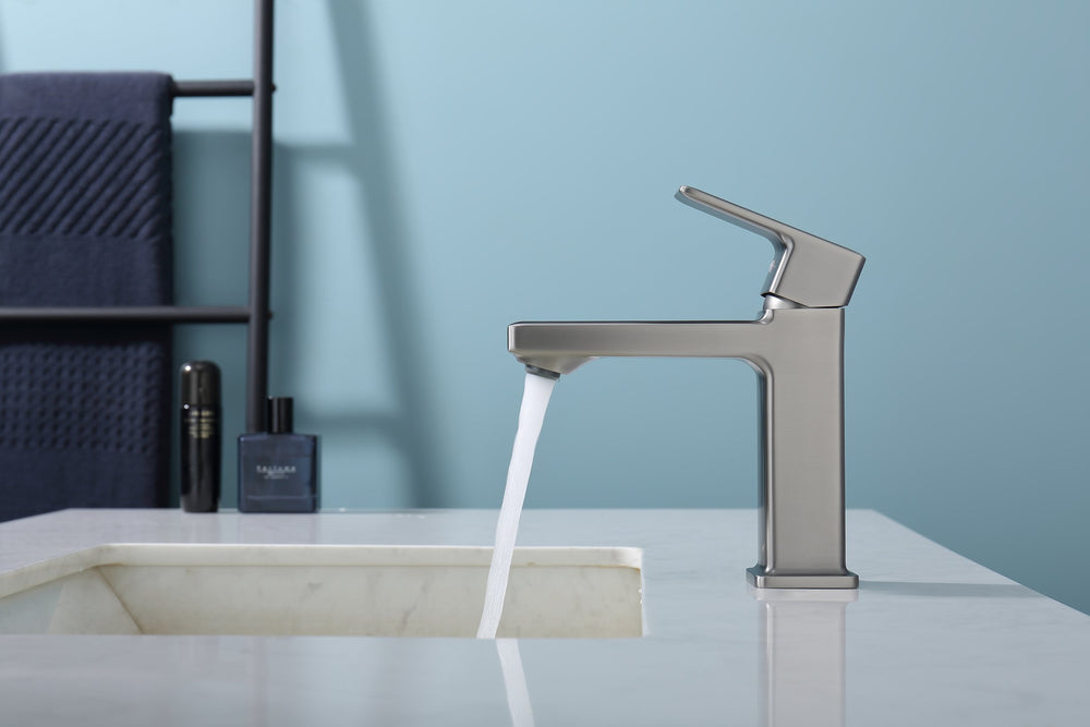 English Elm Gun Gray Single Hole Bathroom Faucet - Modern Sink Fixture With Easy Install & Two Hoses Included T3177P289655