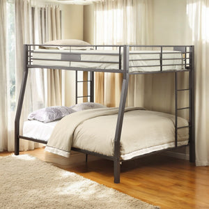 English Elm Limbra Sandy Finish Twin XL/Queen Bunk Bed with Metal Frame, Built-In Ladder, Full Guard Rail Durable Black 63 L x 19 W x 7 H B2726S00313