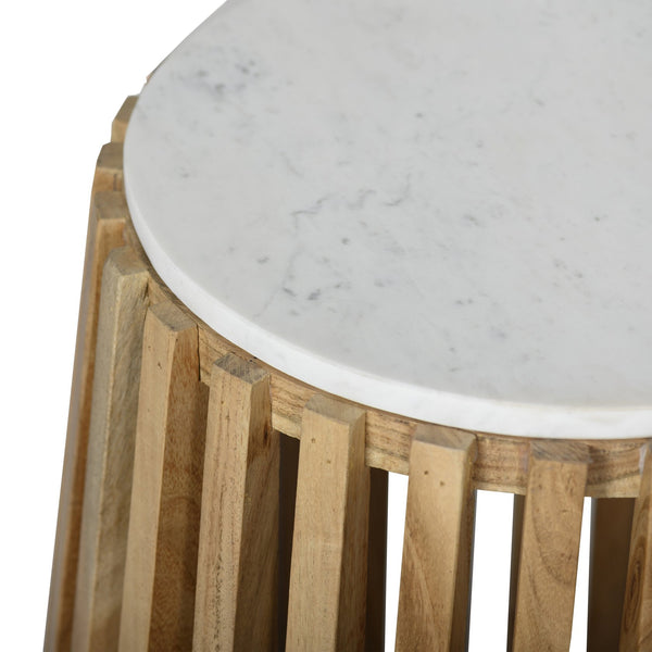 English Elm Modern Pedestal Side Table with White Marble Top and Fluted Mango Wood Base — Chic Compact Accent Piece Brown+White 26 L x 22 W x 22 H B2741P285781