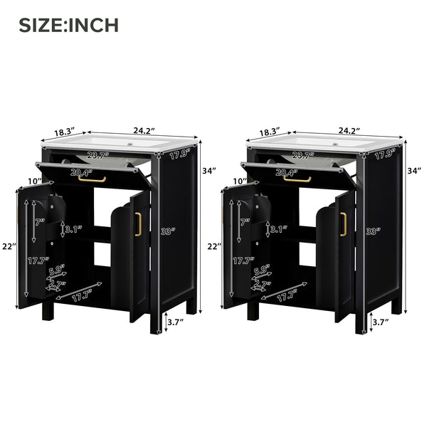 English Elm Modern 48 Inch Freestanding Bathroom Vanity Dual Ceramic Sinks Soft Close Gold Handles Black N729P000008B