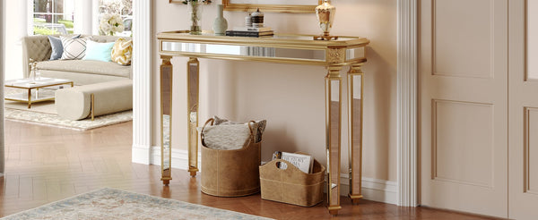 English Elm Mirror Console Table Gold Carved Frame Entryway Accent with Reflective Mirrored Panels W1445P407834