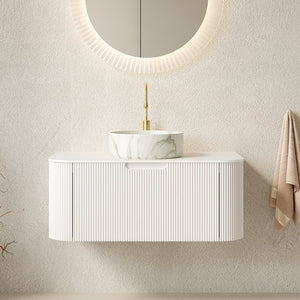 English Elm Dina Floating Bathroom Vanity Sintered Stone Top Glass Basin Striped Plywood Cabinet W2615S00433