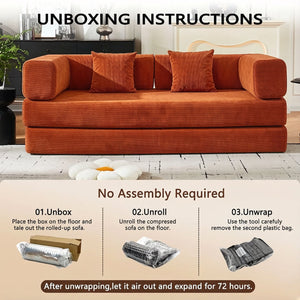 English Elm Convertible Corduroy Floor Sofa with Folding Sleeper and Bolster Pillow for Apartments Orange W5638P460470