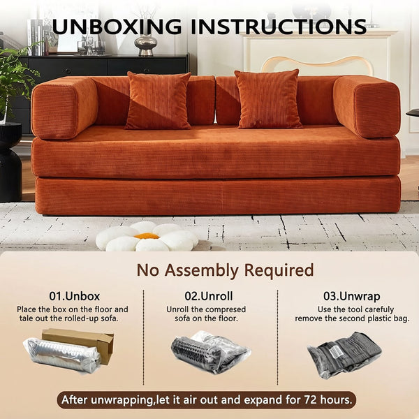English Elm Convertible Corduroy Floor Sofa with Folding Sleeper and Bolster Pillow for Apartments Orange W5638P460470