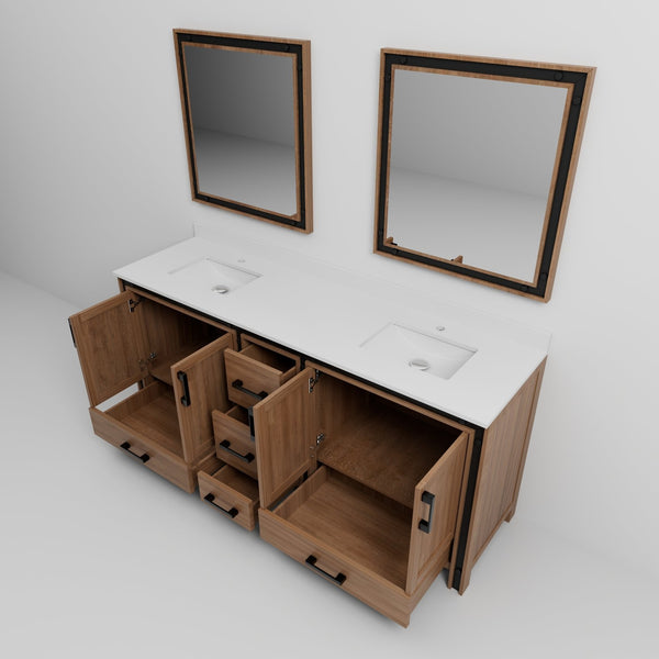 English Elm Rustic Barnwood Double Bath Vanity 80" W with White Quartz Top, Soft-Close Storage & 30" Mirrors B2731S00918